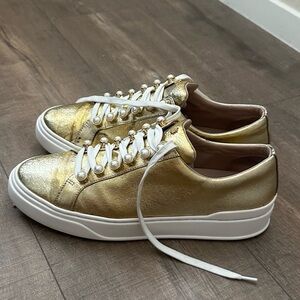 Stuart Weitzman Excelsa Gold Leather Faux Pearl Embellished Sneakers - Size 9